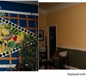 kitchen face lift on a budget, doors, home decor, kitchen backsplash, kitchen design, kitchen island, Our inherited mural replaced with a buttery happy yellow