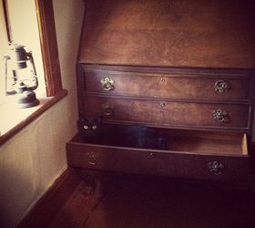 freebie vintage secretary desk with hutch, home decor, painted furniture, Meowzer the cat thought the drawers would make a good napping spot but now they re holding extra bed sheets
