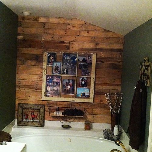 Pallet  wall in bathroom  with old window as picture frame   Pallet  wall in bathroom  with old window as picture frame