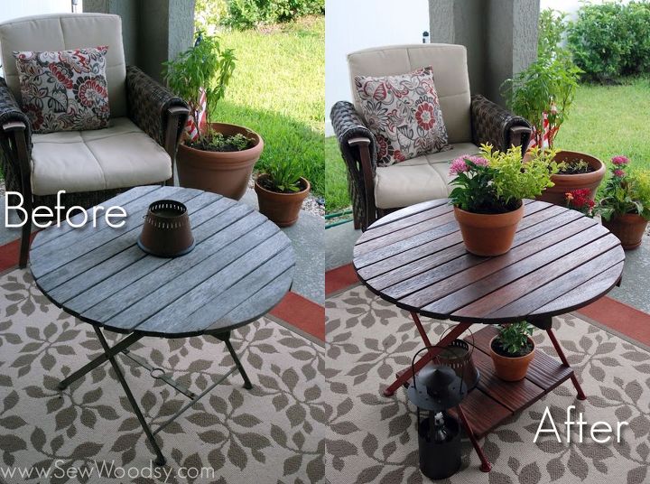 restored wood outdoor table, home decor, outdoor furniture, painted furniture, Take a look at the before after photos world of a difference and looks brand new Read about how we transformed this table
