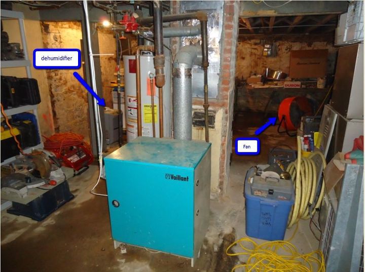 recovery from superstorm sandy a quick fix may not be the right fix, cleaning tips, Dehumidifier and fan used to dry out a flooded basement