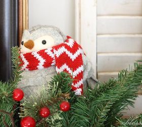 my collected christmas mantel, christmas decorations, fireplaces mantels, seasonal holiday decor, Adorable Bird with Chevron Scarf