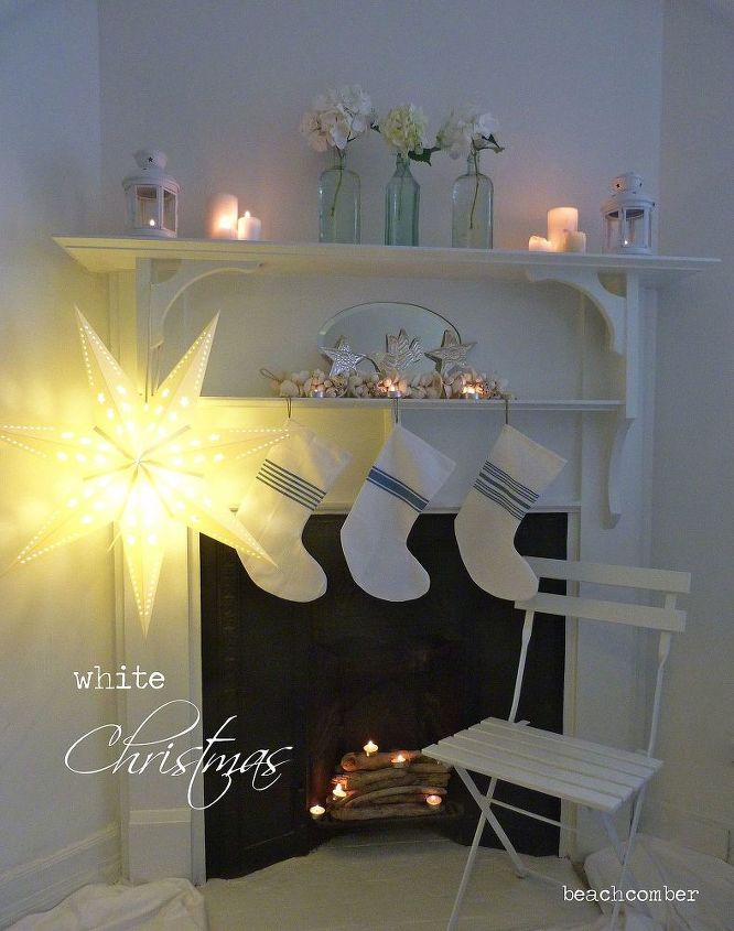 white coastal christmas mantel, christmas decorations, seasonal holiday decor, white coastal christmas mantel