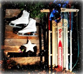 my outdoor decor this year, christmas decorations, repurposing upcycling, seasonal holiday decor, Pallet with some flea market skates filled with fresh pine tree cuttings a tin star and an old sled