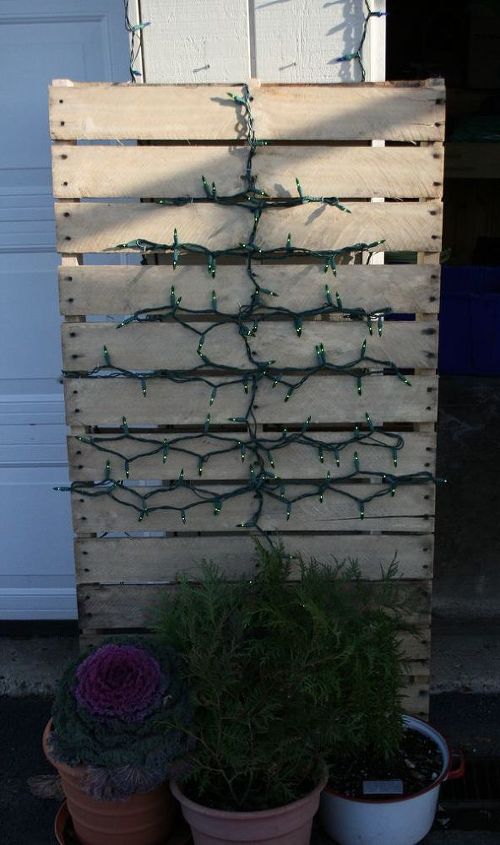 my outdoor decor this year, christmas decorations, repurposing upcycling, seasonal holiday decor, I stapled some green lights in the shape of a tree onto this pallet so that I would have a light up pallet tree and could continue to use the pallet without taking it apart