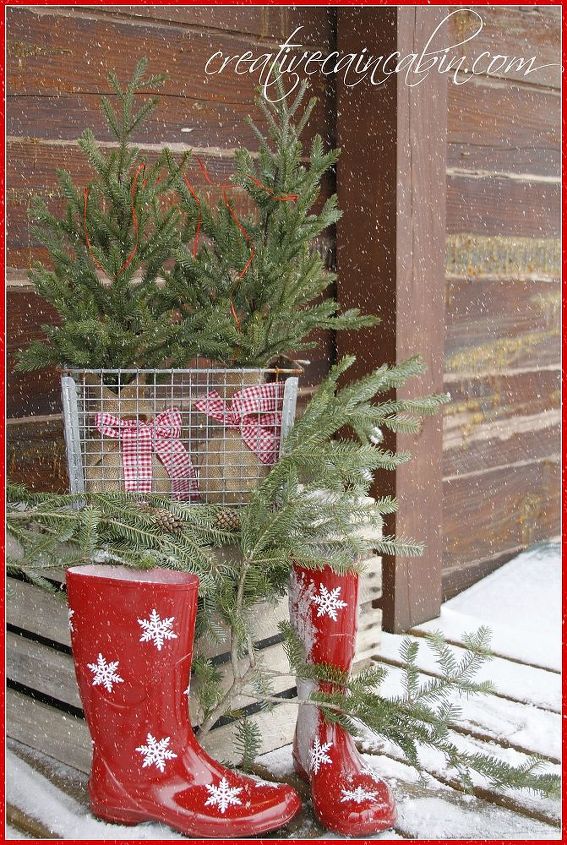 red snowflake boots gingham and pine vignette, crafts, doors, seasonal holiday decor
