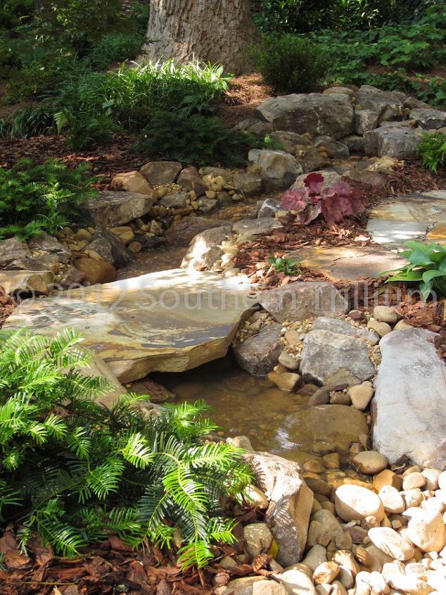 transformation of the backyard for bird lovers, gardening, landscape, outdoor living, ponds water features, A closer look at the stream and bridge stone