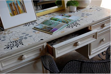 diy project of the week wallpaper your furniture, home decor, painted furniture, Make the office a fun place to work and wallpaper the top of a desk
