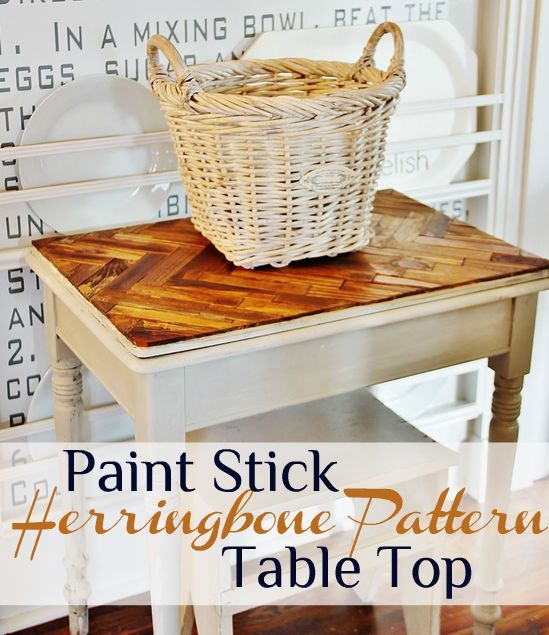 herringbone paint stick tabletop, painted furniture, repurposing upcycling