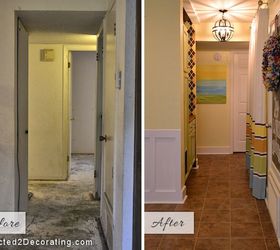 tiny condo laundry room disguised as a hallway, foyer, laundry rooms, Before and after of my small condo hallway laundry room