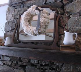2013 winter mantel, seasonal holiday d cor, wreaths, 2013 Winter Mantel Pom Pom Wreath hanging on a vintage vanity mirror