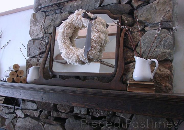 2013 winter mantel, seasonal holiday d cor, wreaths, 2013 Winter Mantel Pom Pom Wreath hanging on a vintage vanity mirror