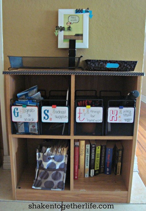 family organization station, organizing, storage ideas, Cubbies for snacks supplies books and bills