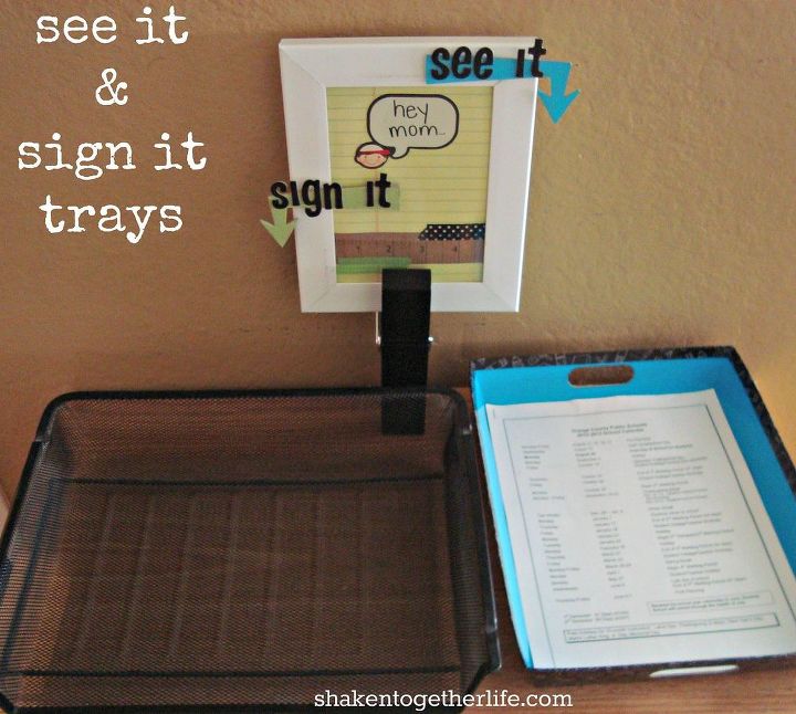 family organization station, organizing, storage ideas, See it sign it trays for all those papers from school