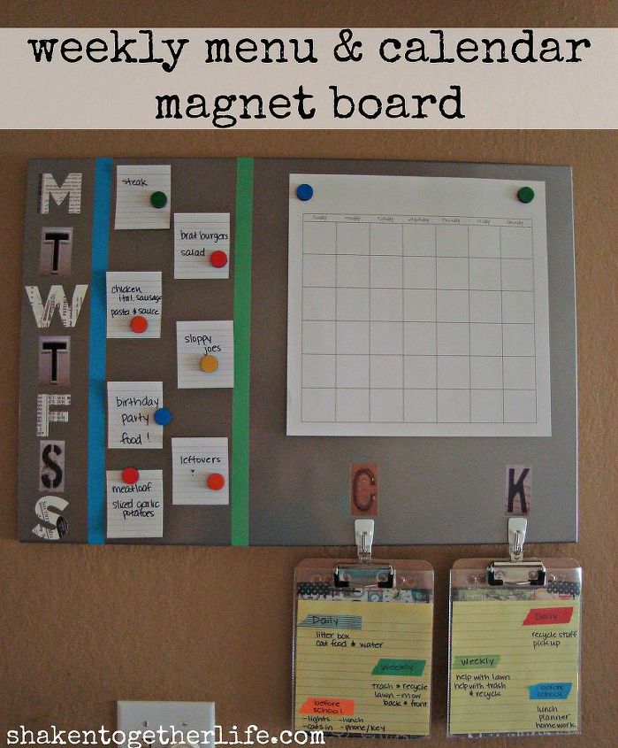 family organization station, organizing, storage ideas, Use a magnetic board for a family calendar chore clip boards and a weekly menu