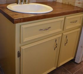 bathroom vanity makeover, bathroom ideas, countertops, woodworking projects, Vanity after makeover with new DIY doors and drawer fronts and 35 wood countertop made from cedar fence pickets