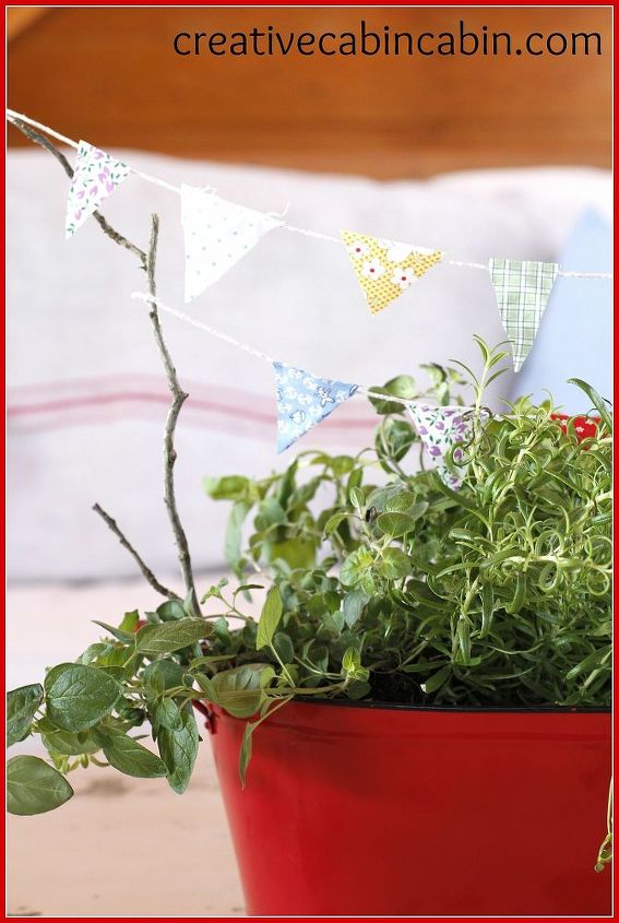 mini kitchen herb garden with bunting, gardening