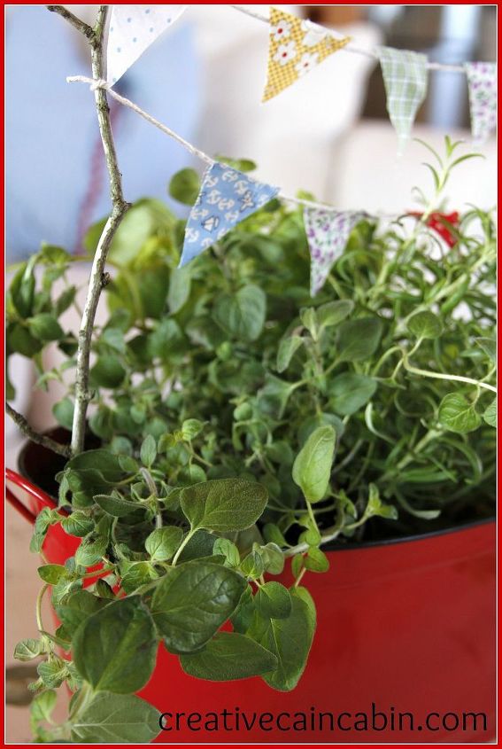 mini kitchen herb garden with bunting, gardening