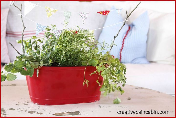 mini kitchen herb garden with bunting, gardening