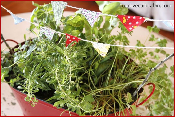 mini kitchen herb garden with bunting, gardening