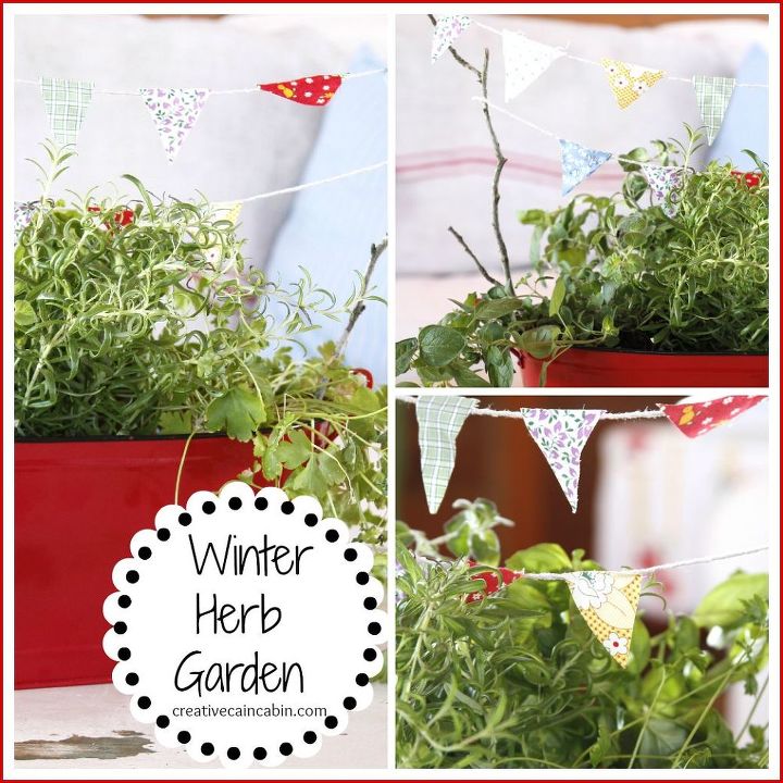 mini kitchen herb garden with bunting, gardening