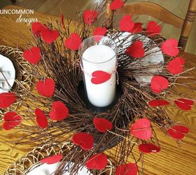 felt heart valentine centerpiece, home decor, seasonal holiday decor, valentines day ideas, wreaths, Bonnie also tied on a little heart to the candle with some fun baker s twine