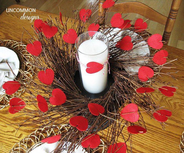 felt heart valentine centerpiece, home decor, seasonal holiday decor, valentines day ideas, wreaths, Bonnie also tied on a little heart to the candle with some fun baker s twine