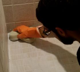 shower grout that doesn t stain or need sealed ever, bathroom, home maintenance repairs, Use both the soft side and buff side of the grout sponge to clean off the epoxy grout
