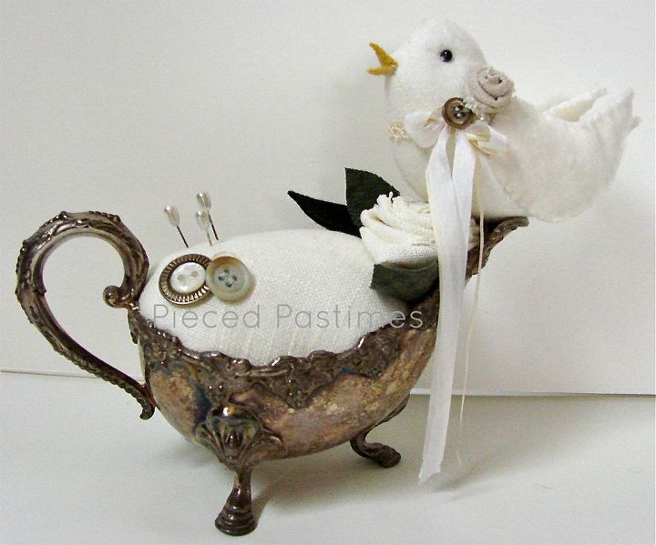 bird pincushion tutorial, crafts, Vintage Silver Gravy Boat used as the base for this pincushion