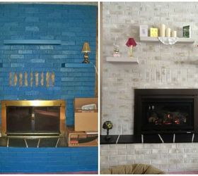 previously blue brick painted fireplace before amp after results, fireplaces mantels, painting