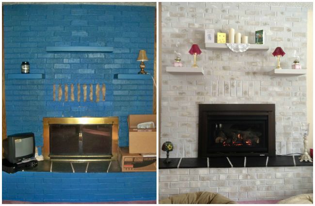 lareira pintada com tijolos azuis resultados antes e depois