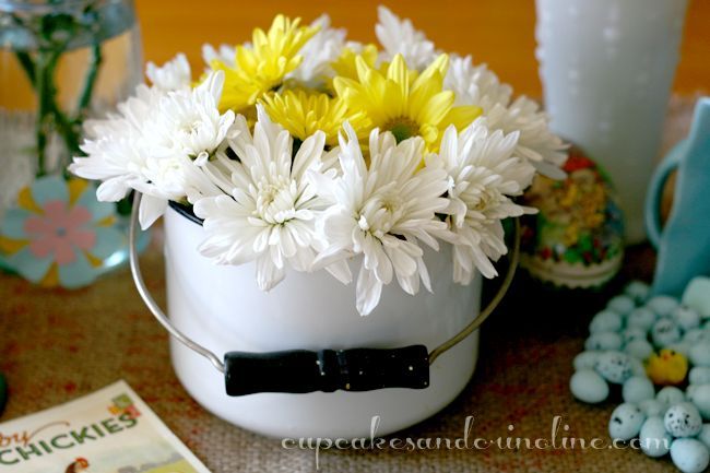springtablescape for a kid friendly table, easter decorations, seasonal holiday d cor, This was my anchor piece a vintage pot from the Thrift Store perfect for the yellow and white flowers