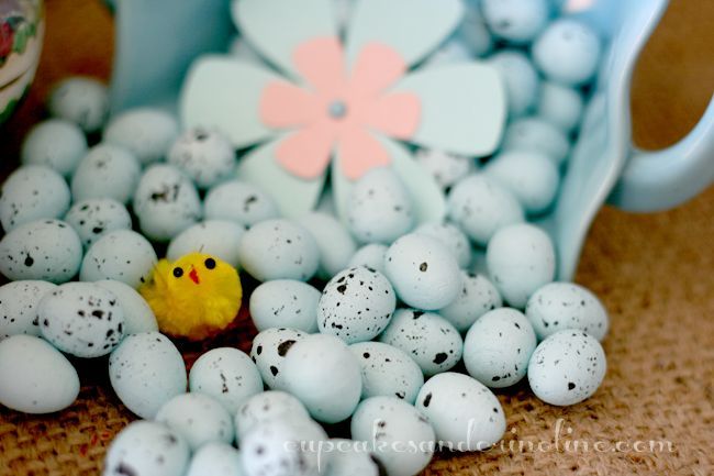 springtablescape for a kid friendly table, easter decorations, seasonal holiday d cor, The color of these little speckled eggs perfectly matched a container I already had and the little yellow pipecleaner peep was added just for fun