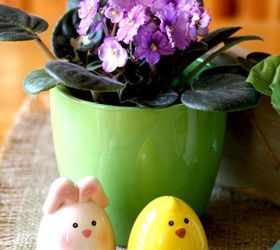 springtablescape for a kid friendly table, easter decorations, seasonal holiday d cor, This African Violet adds a splash of color to the table and the little bunny and peep are salt and pepper shakers