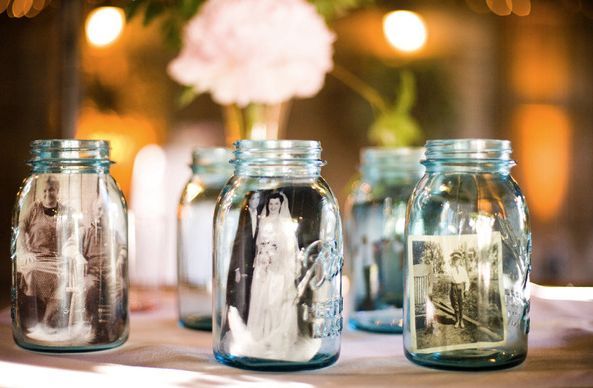 how to create an inexpensive backyard wedding, outdoor living, Left over mason jars can be cleaned and used for centerpieces or decor Add some old pictures of the bride and groom or family members from their wedding day