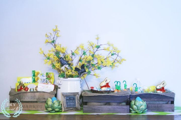 easter baskets crates, crafts, easter decorations, seasonal holiday decor, Stained stamped crates for Easter baskets