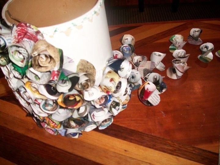 recycling old magazines into lovely lamp shades, crafts, I used hot glue to hold the coils together and to attach them to an old paper shade