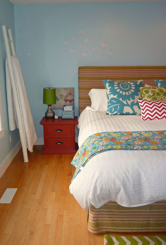 create a master bedroom you love on a budget, bedroom ideas, home decor, DIY Upholstered headboard upcycled free roadside nightstands and ladder quilt holder