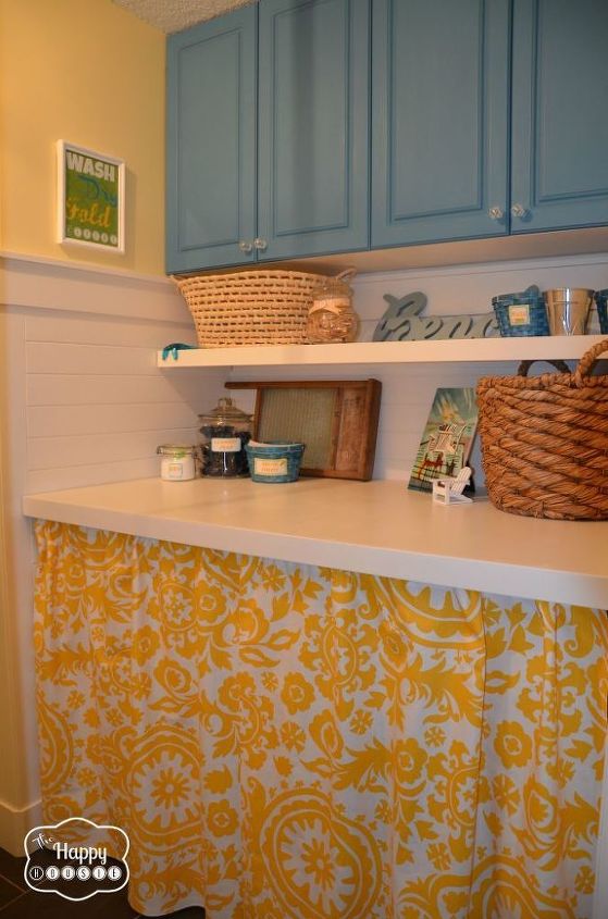 laundry mud room revamp on a budget, chalk paint, cleaning tips, laundry rooms, painting, new shelf countertop and no sew curtain panels to hide the washer and dryer