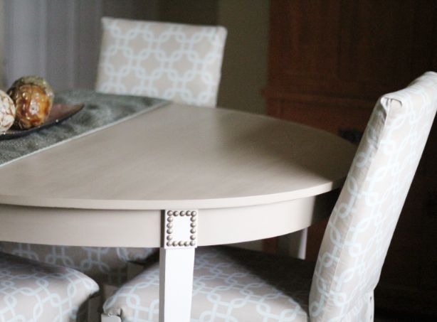 french cottage dining table makeover with nailhead trim details, painted furniture