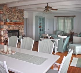 cottage before and after, bedroom ideas, doors, home decor, living room ideas, I used a large white and teal stripe for the drapes and a fine ticking stripe for slipcovers on the newly painted dining room suite
