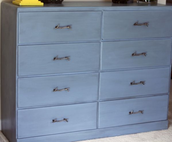 blue painted dresser with antiquing glaze, painted furniture