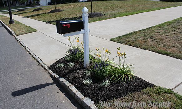 mailbox flower bed, flowers, gardening, landscape