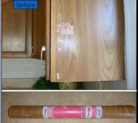 quick oak cabinet fix with tiny budget, home maintenance repairs, kitchen cabinets, woodworking projects, Original Oak Cabinet with Unsightly Surface Damage No Time Nor Budget to Replace Contact Shelf Liner to the Rescue 3 00 Fix