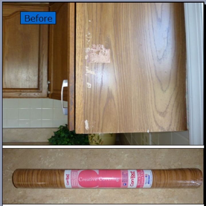 quick oak cabinet fix with tiny budget, home maintenance repairs, kitchen cabinets, woodworking projects, Original Oak Cabinet with Unsightly Surface Damage No Time Nor Budget to Replace Contact Shelf Liner to the Rescue 3 00 Fix