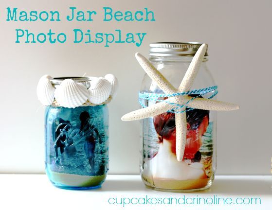 mason jar beach photo display, crafts, home decor, mason jars, Blue Mason Jar and Standard Mason jar with sisal shells sand and a starfish