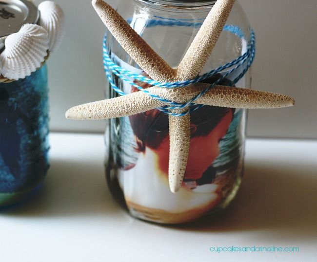mason jar beach photo display, crafts, home decor, mason jars, Close up of starfish decorated photo jar