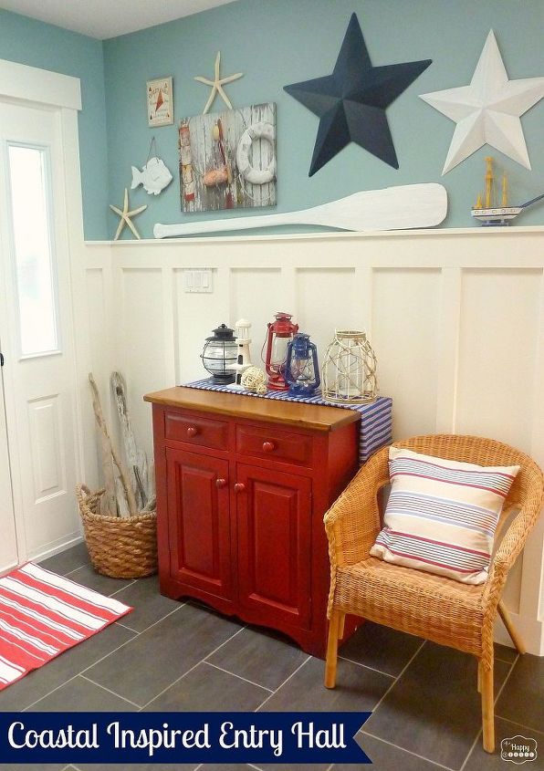 coastal nautical theme entry hall foyer decor, foyer, home decor, A Coastal Inspired Foyer d cor look with red white and blue lanterns wicker nautical themed art and accessories