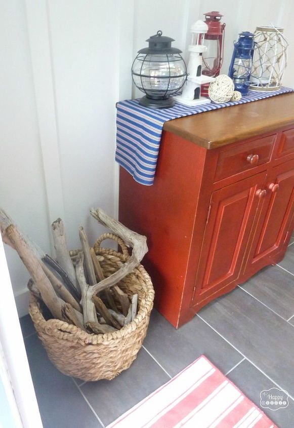 coastal nautical theme entry hall foyer decor, foyer, home decor, Huge basket filled with driftwood collection the perfect spot to drop the driftwood you collect after a walk