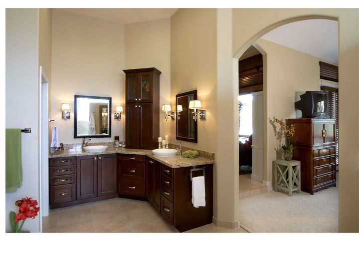 our homeowners expressed a desire to change their early 90 s inspired pink bathroom, bathroom ideas, home decor, The entry from master bedroom to master bath was widened and a new arch was created from office into master bedroom